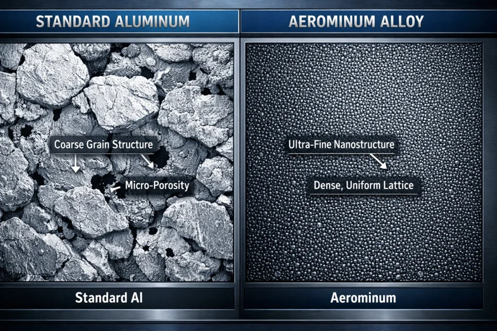 Micrografia tecnica della struttura molecolare dell'Aerominum a confronto con l'alluminio standard - Analisi di Fabio Nardozzi per Il Web Indipendente su Cos’è l’Aerominum.