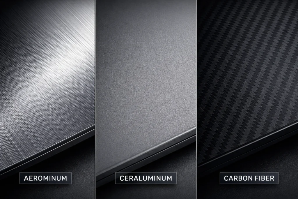Confronto tattile tra Aerominum, Ceraluminum e Fibra di Carbonio nei laptop 2026 - Guida tecnica di Fabio Nardozzi su Il Web Indipendente.