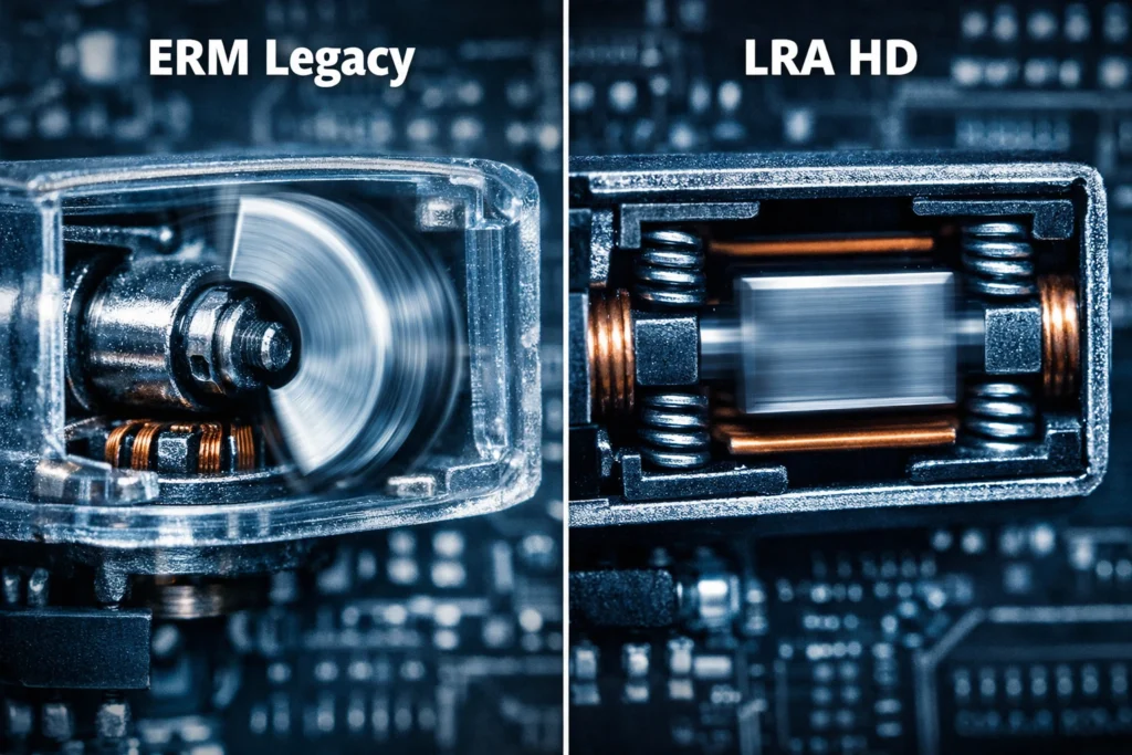 Cos’è l’Haptics HD: confronto tecnico in macro fotografia tra motore ERM tradizionale e attuatore LRA HD, con evidenza delle differenze meccaniche tra vibrazione rotazionale e lineare nei sistemi di feedback aptico avanzato – analisi ingegneristica su Il Web Indipendente